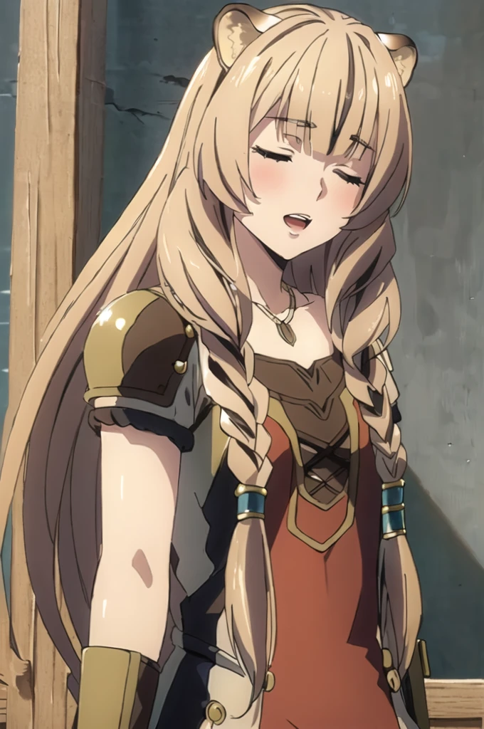 ((masterpiece)), (best quality), (ultra-detailed), photorealistic, (best illustration), ((an extremely delicate and beautiful)), 1girl, raphtalia clothes, armor, sword, solo, long hair, tiger ears, white hair, two-tone hair, facing viewer, closed eyes, short sleeves, school, low twin braids, twin braids, hair ornament, blush, head tilt, upper teeth, flat chest, young, aged down, happy, collarbone, necklace,  