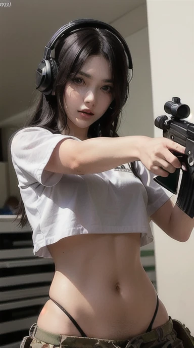 a woman in a white outfit holding a rifle and wearing headphones, 24-year-old woman, Filipino woman, tan bronze skin, soldier girl, mechanized soldier girl, military girl, beautiful female soldier, female lead character, infantry girl, of a sniper girl in war, solo female character, future combat gear, close up half body shot, Women in crop top military bulletproof vest, ((showing navel)), exposed abdomen area, quiet from metal gear solid v, wearing tactical gear, dressed in tactical armor, (((aiming rifle)))