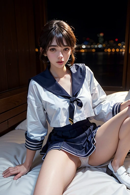 (((Spread your legs wide:1.35)))、(((Flip up the skirt:1.35)))、(((Leaning on a pillow:1.35)))、(((Sailor suit:1.35)))、(((loafers:1.35)))、(((On the bed:1.35)))、Half-naked whore shows that she has a very slender figure. Ella Tem Cabellos Castaños , She has short hair、Has large light green eyes,  pose in a very sexy position, Leaning against the wall of a strip club in a city full of night views and places. Cowboy Shot. Exposed cleavage. super high quality. Many details. sharp focus of mullet. realism.