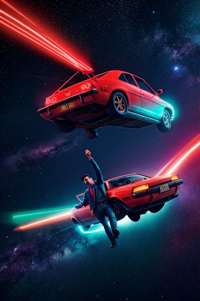 A man in sleeping position flying in the neon galaxy with red flying car at the back of him