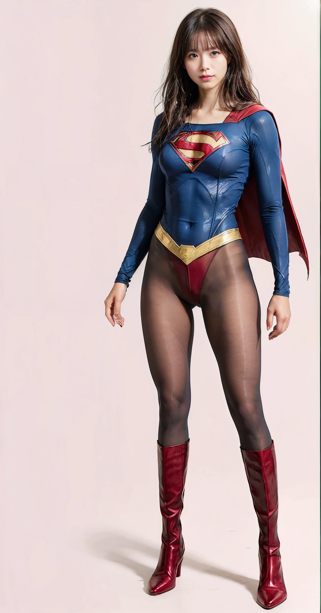 No background、(((Beautiful legs in black tights.)))、(((Legally express the beauty of your smile)))、((((Make the most of your original images)))、(((Supergirl Costume)))、(((Beautiful very short hair)))、(((suffering)))、(((Please wear black tights....、Wear red boots)))、((Best image quality、8K))、((Highest quality、8K、masterpiece:1.3))、(((Preserve background )))、Sharp focus:1.2、Beautiful woman with perfect figure:1.4、Slim Abs:1.2、Wet body:1.5、Highly detailed face and skin texture、8K