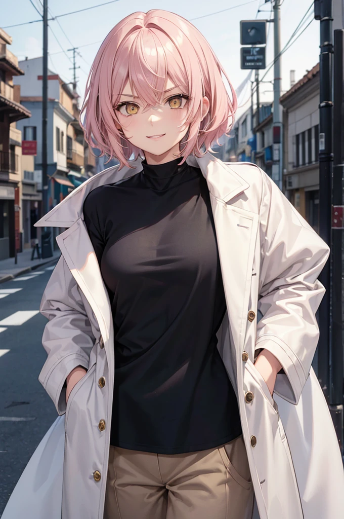 woman with short, fluffy light pink hair, tomboy cut, bright golden eyes, intimidating and serious look, smiling in a neutral way, wearing a black shirt, black joggers and a white, thin, flat doctor's coat (without bust) but caderona