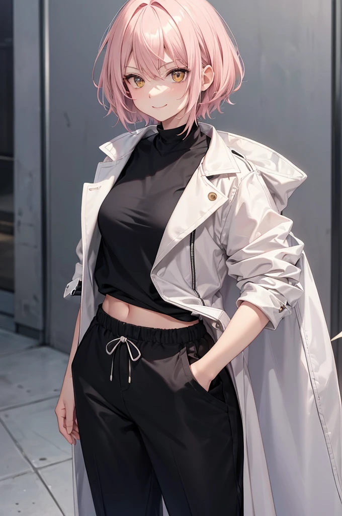 woman with short, fluffy light pink hair, tomboy cut, bright golden eyes, intimidating and serious look, smiling in a neutral way, wearing a black shirt, black joggers and a white, thin, flat doctor's coat (without bust) but caderona