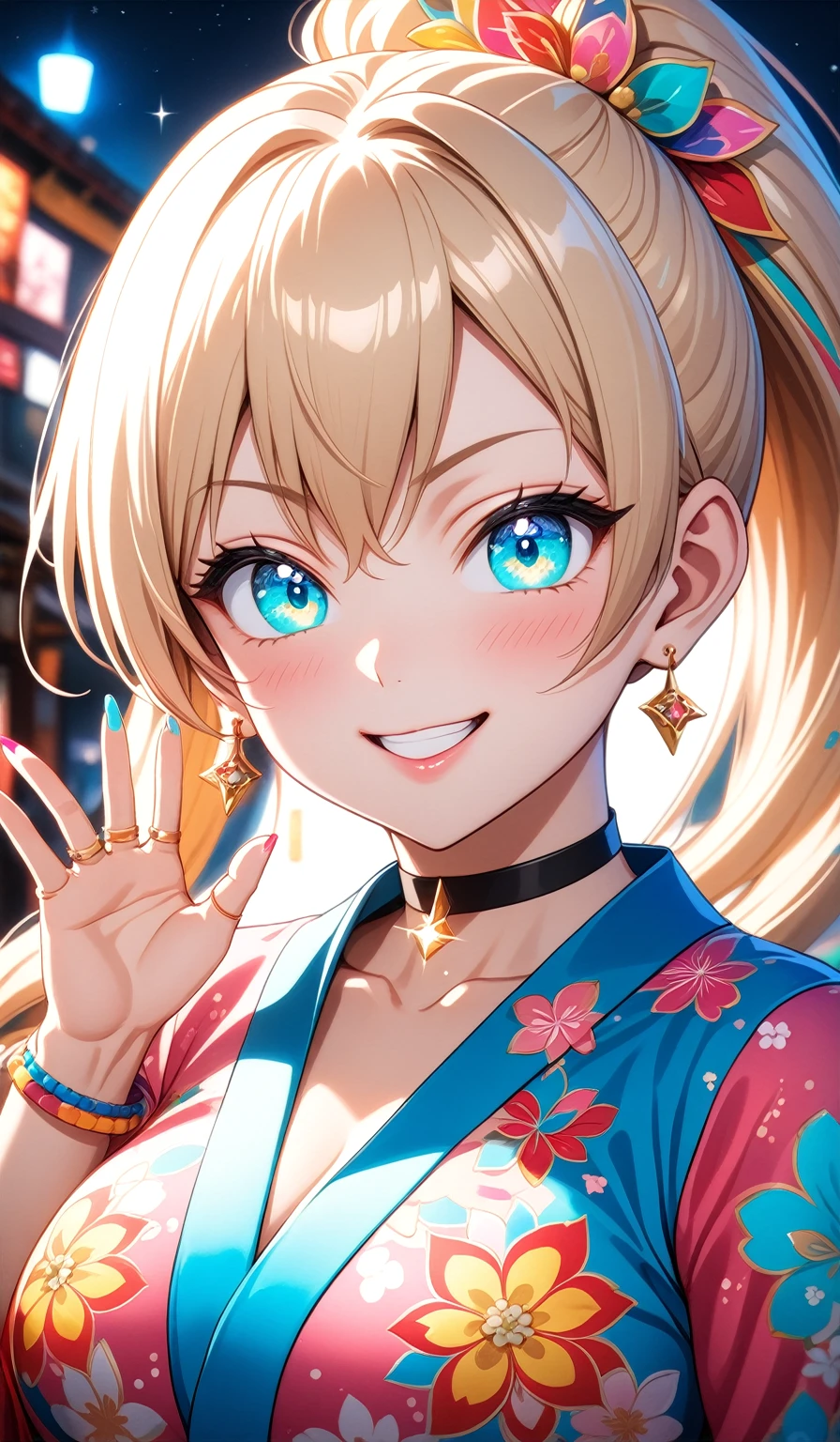 ((One personの女性)), Beautiful Face, (Laughing embarrassedly), (laugh),((Wink:2.1)),((waving at viewer:1.3)),  (head tilt:1.3), Laugh with your mouth wide open,((Bright red cheeks:1.4)),Shiny red lips,Night view,port, firework,Laughing with your mouth open,Glossy pink lips,Facial lighting, ((Anime style background)),masterpiece, Highest quality, so beautiful,up to date, Complex details, (Pink long nails),(ring),(bracelet),(choker),AI-generated, Complex,High resolution, Highest quality, super high quality,3D Images、3D Images,One person,Long blonde hair,High Side Ponytail,(turquoise blue eyes),Anime woman posing for a photo, ((Fine grain、Colorful eyes、Shining Eyes:1.4)), (Squint your eyes:1.1),a hyperRealistic , hyperRealistic , Realistic,Anime woman with long white hair, Smooth anime CG art, A woman in a colorful kimono with gold embroidery, (Pink long sleeve kimono),Red floral pattern,Long flower hair ornament,Earrings,Mature Body,(Big Breasts:1.1),Tall,Abdominal muscles,Tight waist,(Zoom up to face:1.5), (front view),