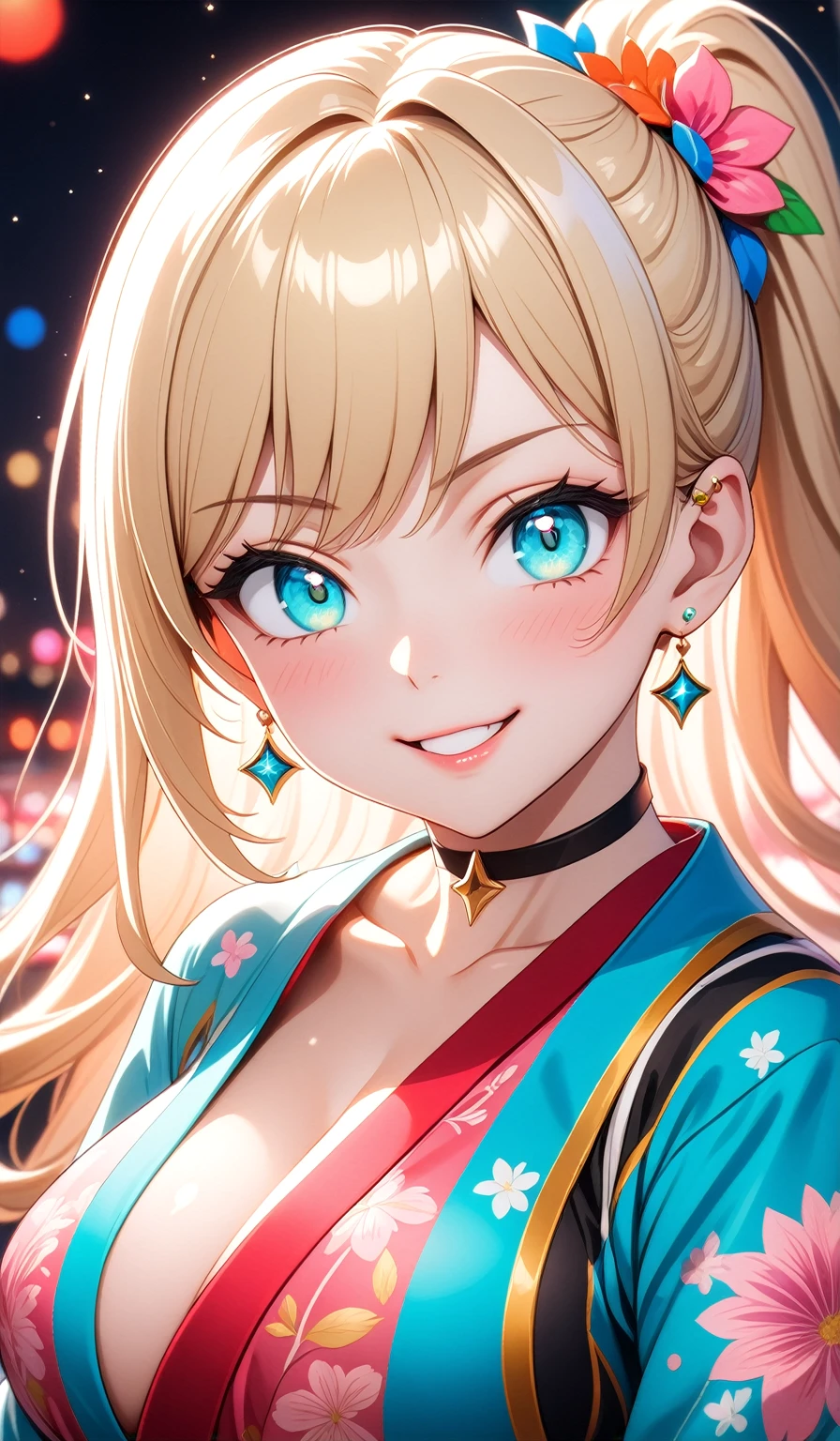 ((One personの女性)), Beautiful Face, (Laughing embarrassedly), (laugh),((Wink:2.1)),((waving at viewer:1.3)), (head tilt:1.3), Laugh with your mouth wide open,((Bright red cheeks:1.4)),Shiny red lips,Night view,port, firework,Laughing with your mouth open,Glossy pink lips,Facial lighting, ((Anime style background)),masterpiece, Highest quality, so beautiful,up to date, Complex details, (Pink long nails),(ring),(bracelet),(choker),AI-generated, Complex,High resolution, Highest quality, super high quality,3D Images、3D Images,One person,Long blonde hair,High Side Ponytail,(turquoise blue eyes),Anime woman posing for a photo, ((Fine grain、Colorful eyes、Shining Eyes:1.4)), (Squint your eyes:1.1),a hyperRealistic , hyperRealistic , Realistic,Anime woman with long white hair, Smooth anime CG art, A woman in a colorful kimono with gold embroidery, (Pink long sleeve kimono),Red floral pattern,Long flower hair ornament,Earrings,Mature Body,(Big Breasts:1.1),Tall,Abdominal muscles,Tight waist,(Zoom up to face:1.5), (front view),