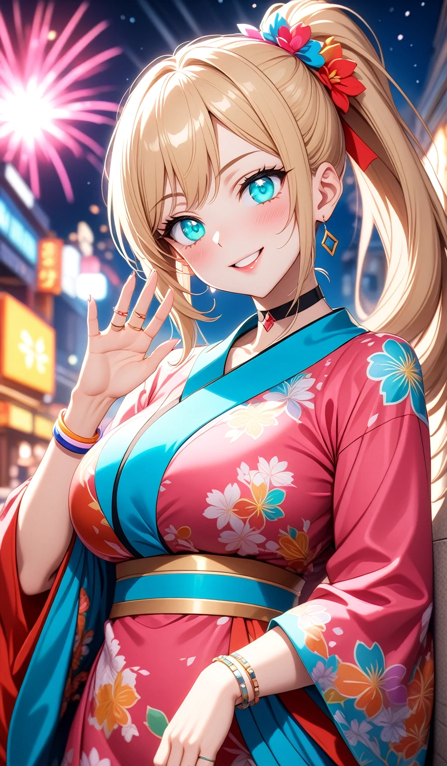 ((One personの女性)), Beautiful Face, (Laughing embarrassedly), (laugh),((Wink:2.1)),((waving at viewer:1.3)),  (head tilt:1.3), Laugh with your mouth wide open,((Bright red cheeks:1.4)),Shiny red lips,Night view,port, firework,Laughing with your mouth open,Glossy pink lips,Facial lighting, ((Anime style background)),masterpiece, Highest quality, so beautiful,up to date, Complex details, (Pink long nails),(ring),(bracelet),(choker),AI-generated, Complex,High resolution, Highest quality, super high quality,3D Images、3D Images,One person,Long blonde hair,High Side Ponytail,(turquoise blue eyes),Anime woman posing for a photo, ((Fine grain、Colorful eyes、Shining Eyes:1.4)), (Squint your eyes:1.1),a hyperRealistic , hyperRealistic , Realistic,Anime woman with long white hair, Smooth anime CG art, A woman in a colorful kimono with gold embroidery, (Pink long sleeve kimono),Red floral pattern,Long flower hair ornament,Earrings,Mature Body,(:1.1),Tall,Abdominal muscles,Tight waist,(Zoom up to face:1.5), (front view),
