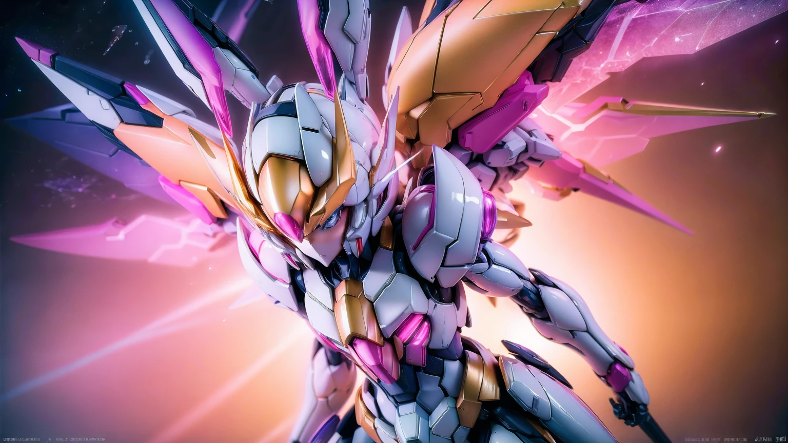 Real、high resolution、8K、The Strike Freedom Gundam stands in space emitting pink light particles.、Particles of light surround the aircraft、Facing the camera、
