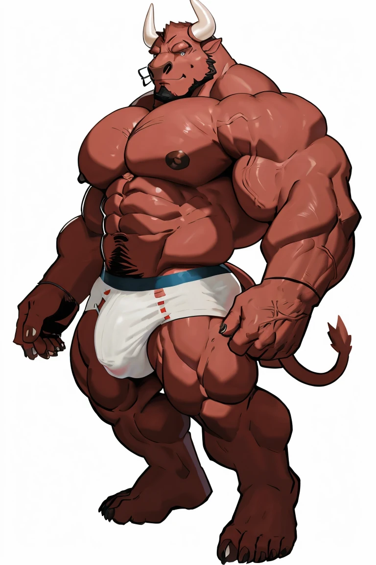 Bull man, exaggeratedly muscular, detailed eyes, prominent and dilated veins, alpha male, huge pecs (huge: 2.5), sensual expression, nicebulge, bare back, sexy pose, wearing white underwear, full body, (white background).