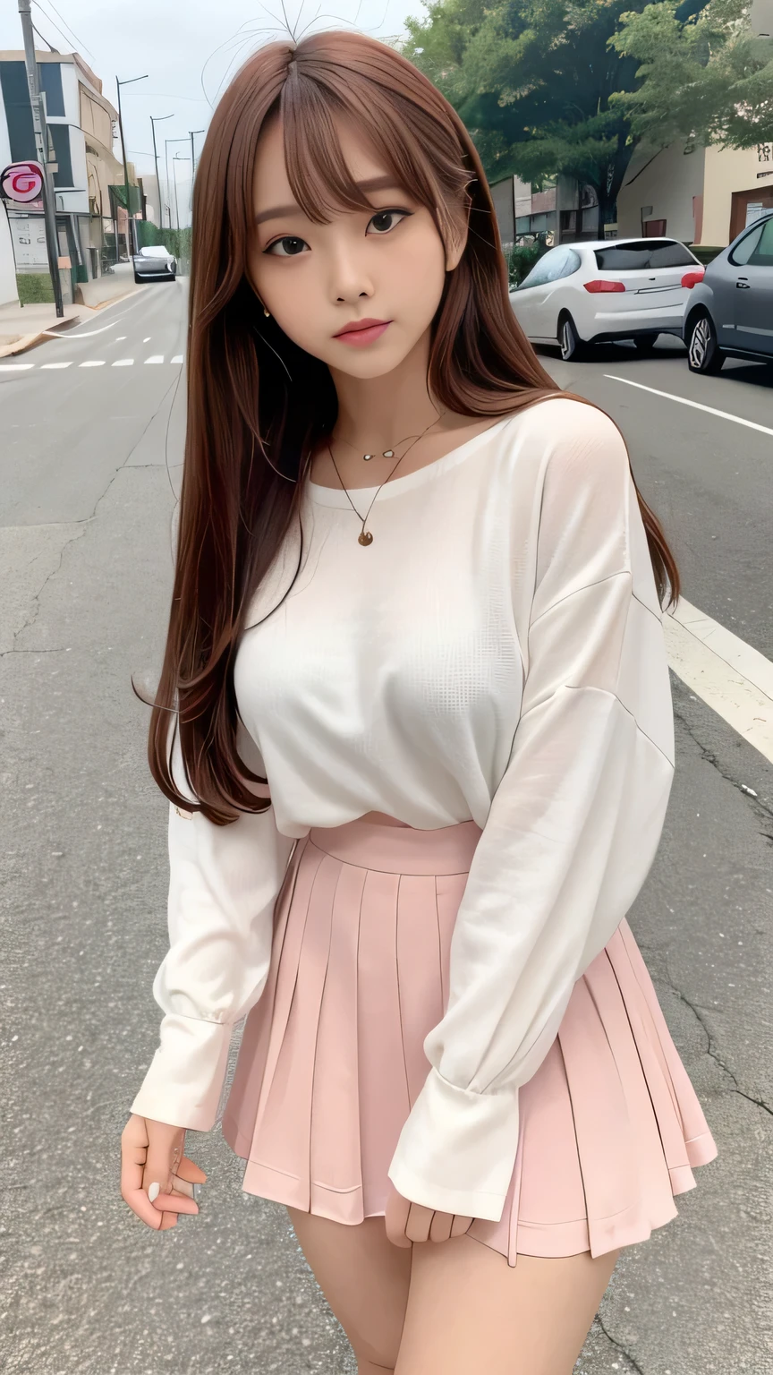Sunburn marks on tanned skin、blush、Multicolored hair color、Bangs on the face、Bangs between the eyes、Super long hair、A cute looking 16-year-old、A strong wind blows my hair in front of my face、Beautiful big sparkling eyes, Cute eyes hidden by long bangs、Yawn、No visible nasolabial folds、A short, light-colored miniskirt、A cute and colorful summer blouse、Korean Beauty、Dark blush on the cheeks