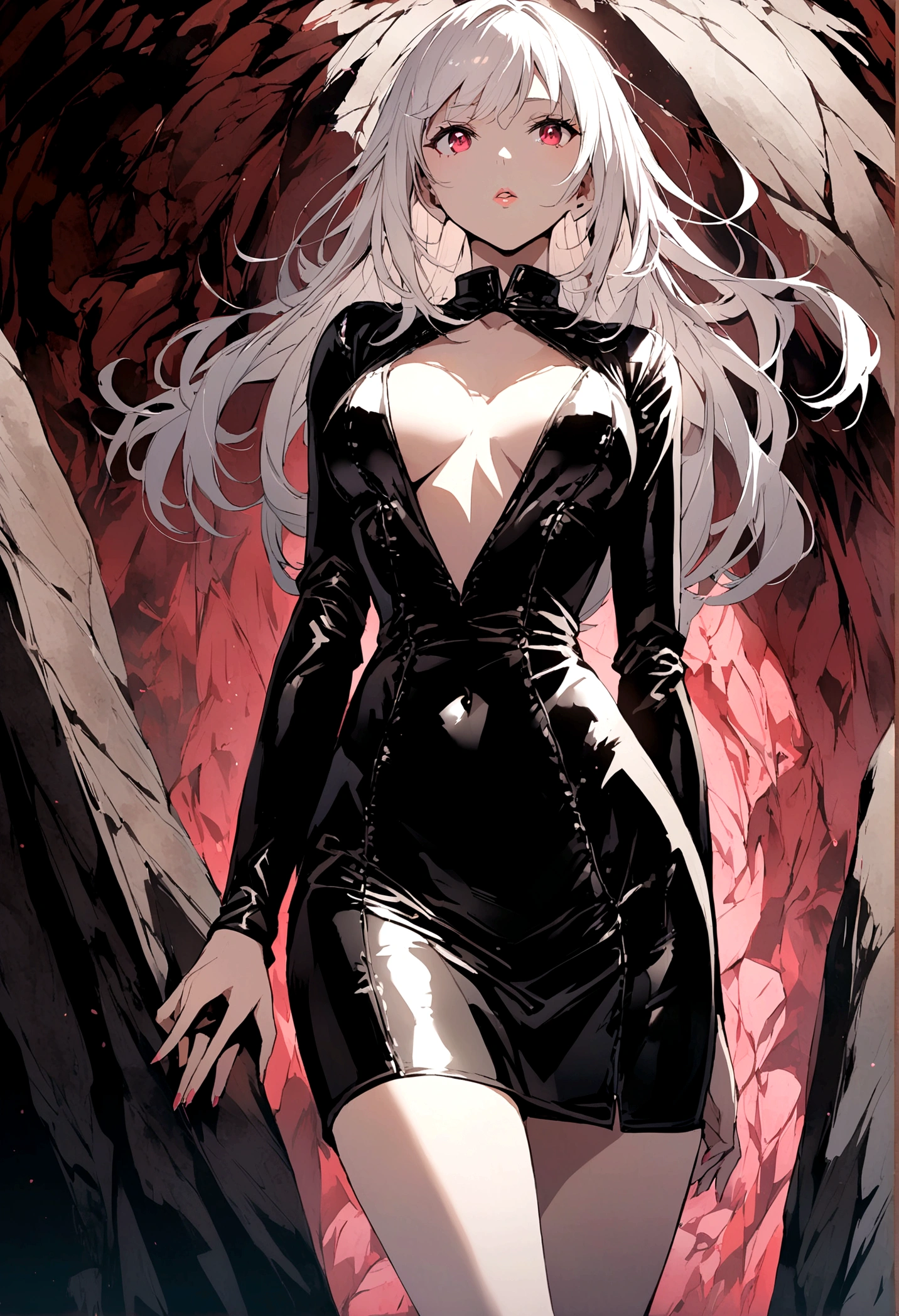 anime girl in black leather dress with open neckline, slim and voluminous body. Crimson eyes, straight white hair and small lips