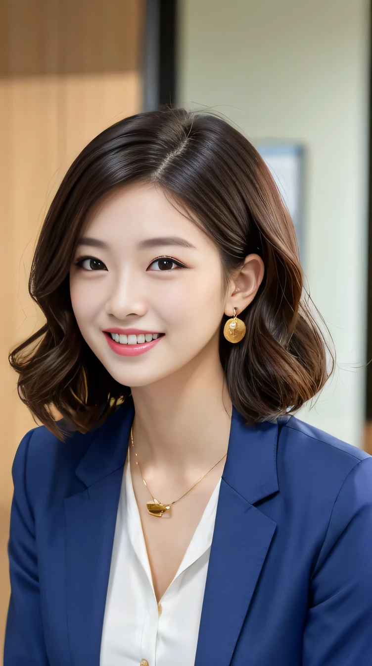 high quality:1.2), RAW Photos, High resolution, Very detailed, Intricate details,、Black Hair、Short Haircut、Wavy Hair、ear piercing、smile、Emphasis on teeth、, (Front view, ), Clear beauty, Necklace around the neck、,, (High Quality Fabric, Office Lady Suits、Jacket、Unbuttoned white shirt) 、Detailed face, indoor,