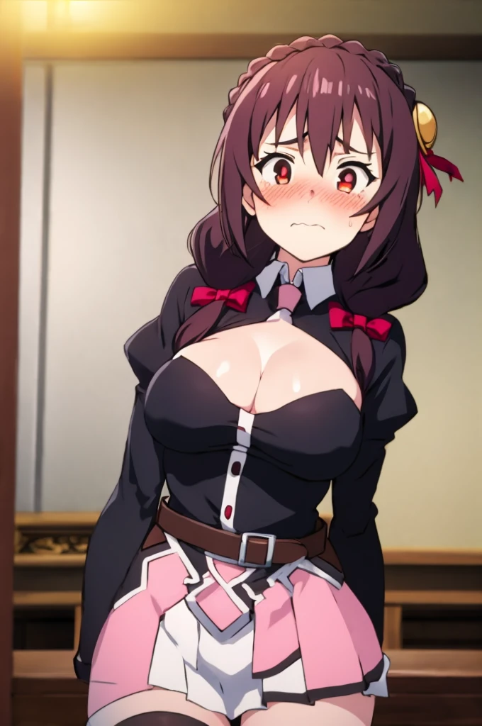 (masterpiece, Highest quality), One girl, Yunyun,Long Hair,Braiding,Twin tails,Hair between the eyes,Red hair ribbon,hair ornaments,large round breasts,、Pink Skirt、Black Hair、Crown Blade,Black Shirt, Long sleeve,Pink tie, belt, Cleavage cutout、Above the knee、(blush:1.ung face、(Anxious face:1.2)、View the viewer