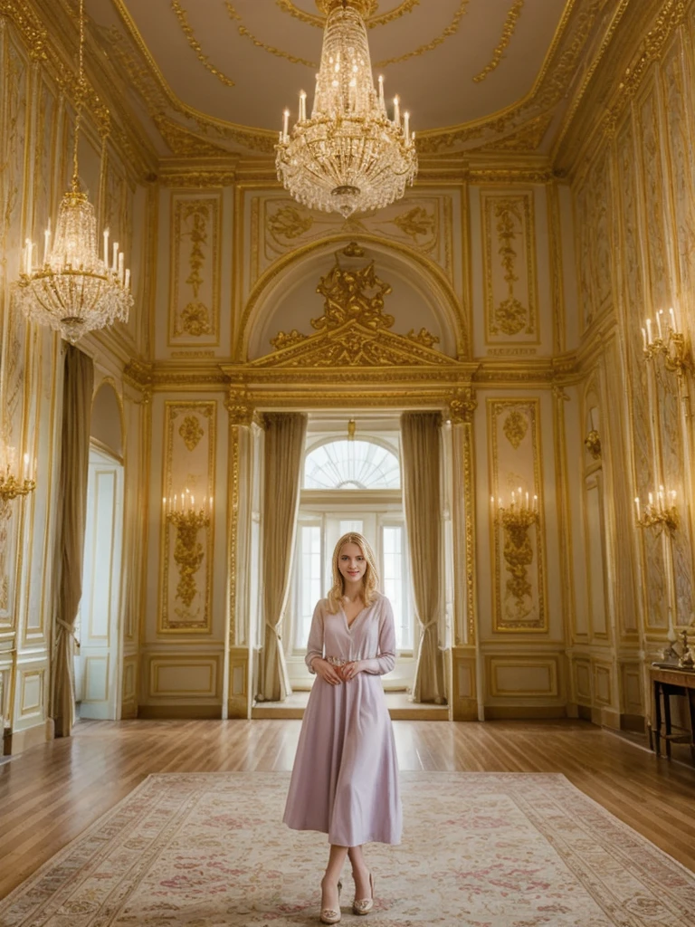 her name is Marie, high quality, 1girl, ((20-year-old fit Caucasian woman)), ((20 years old)), ((fit)), ((pale skin tone)), medium length straight blonde hair , wearing Pastel Lavender Linen Wrap Dress, pose: standing, background: Highlight the elegant decor of the Winter Palace in St. Petersburg, Russia, where visitors can admire the ornate ballrooms, gilded ceilings, and priceless art collections
