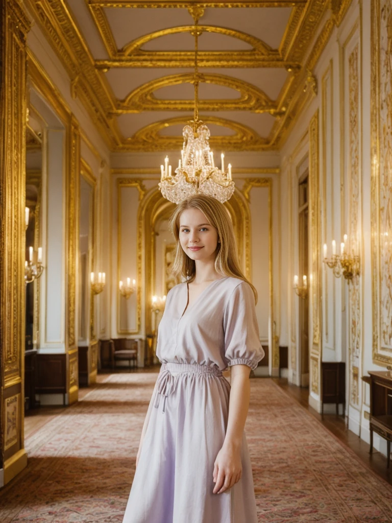 her name is Marie, high quality, 1girl, ((20-year-old fit Caucasian woman)), ((20 years old)), ((fit)), ((pale skin tone)), medium length straight blonde hair , wearing Pastel Lavender Linen Wrap Dress, pose: standing, background: Highlight the elegant decor of the Winter Palace in St. Petersburg, Russia, where visitors can admire the ornate ballrooms, gilded ceilings, and priceless art collections
