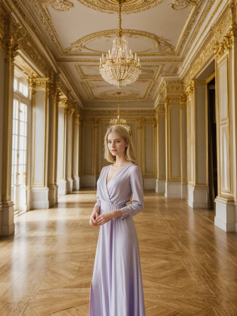 her name is Marie, high quality, 1girl, ((20-year-old fit Caucasian woman)), ((20 years old)), ((fit)), ((pale skin tone)), medium length straight blonde hair , wearing Pastel Lavender Linen Wrap Dress, pose: standing, background: Highlight the elegant decor of the Winter Palace in St. Petersburg, Russia, where visitors can admire the ornate ballrooms, gilded ceilings, and priceless art collections