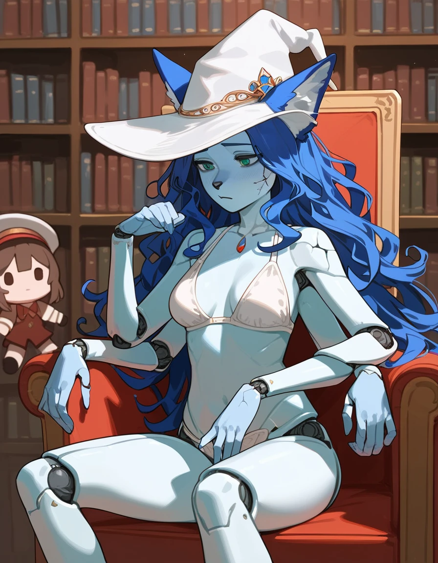 Score_9, score_8_up, score_7_up, masterpiece, best quality, 1girl, solo, an Anthro furry blue fox girl, fox snout, black nose, IncrsXLRanni, wavy hair, cracked skin, colored skin, blue fur, extra arms, four arms, doll joints, white skimpy outfit, white hat, pondering pose, sitting on a chair, in a magical library, in a tower, all four hands on her lap, shy expression, lounging