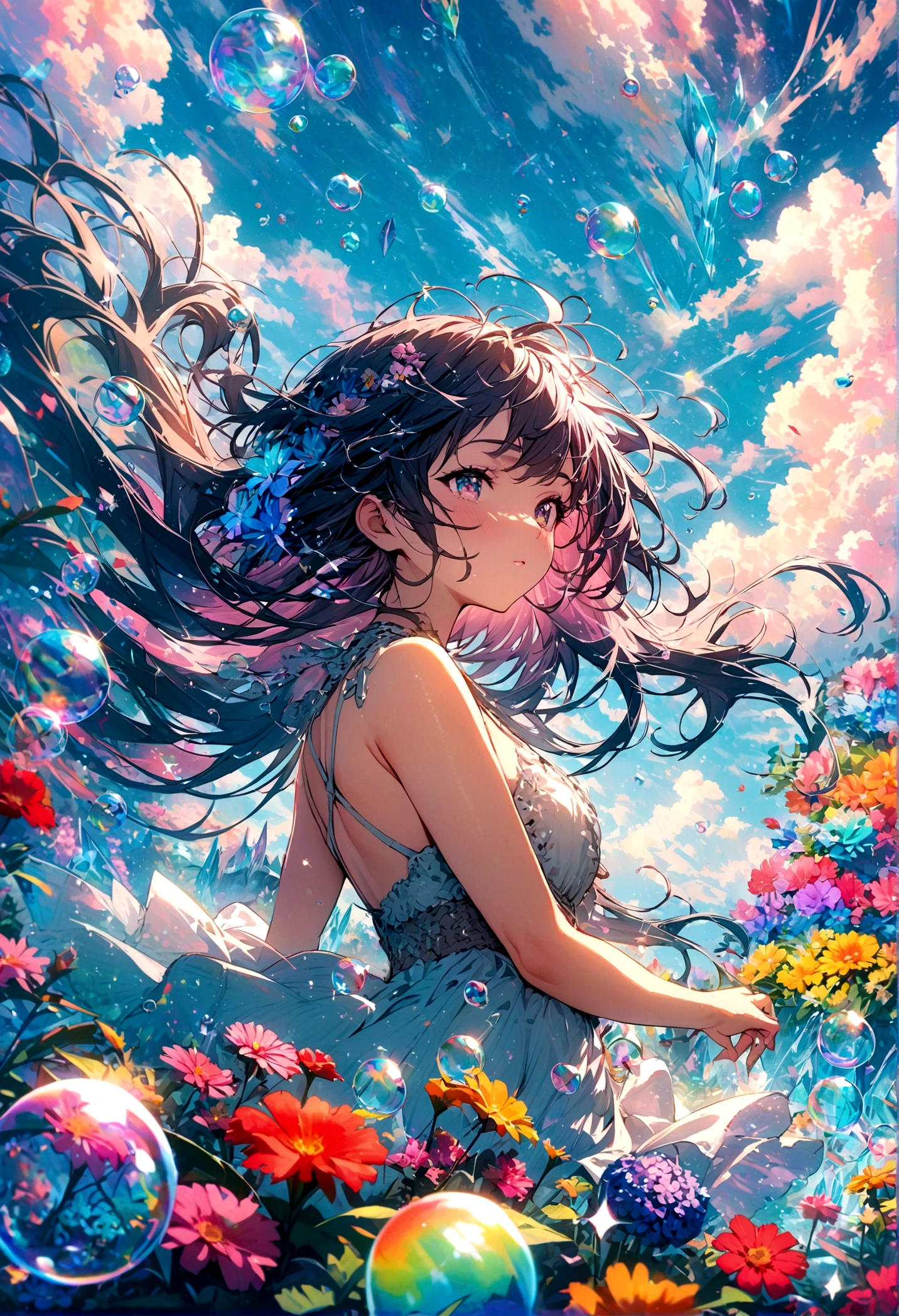 JK,Flowing hair,Beautiful sky, Beautiful clouds, Summer,Colorful flowers, (Crystal clear bubbles sparkle in the sky), masterpiece,high resolution