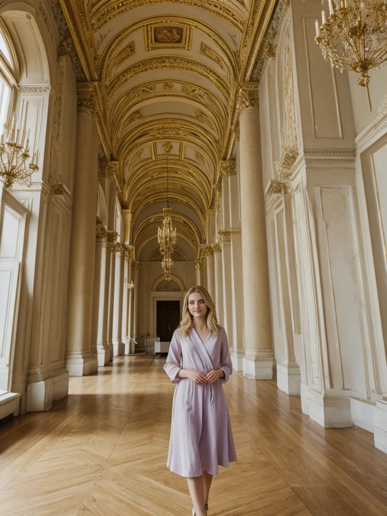 her name is Marie, high quality, 1girl, ((20-year-old fit Caucasian woman)), ((20 years old)), ((fit)), ((pale skin tone)), medium length straight blonde hair , wearing Pastel Lavender Linen Wrap Dress, pose: standing, background: Highlight the elegant decor of the Winter Palace in St. Petersburg, Russia, where visitors can admire the ornate ballrooms, gilded ceilings, and priceless art collections