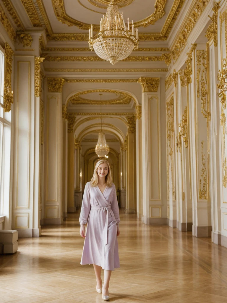 her name is Marie, high quality, 1girl, ((20-year-old fit Caucasian woman)), ((20 years old)), ((fit)), ((pale skin tone)), medium length straight blonde hair , wearing Pastel Lavender Linen Wrap Dress, pose: standing, background: Highlight the elegant decor of the Winter Palace in St. Petersburg, Russia, where visitors can admire the ornate ballrooms, gilded ceilings, and priceless art collections