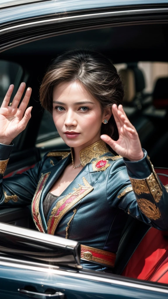 a queen waving to the crowd in an open-top car, guarded by uniformed security, highly detailed, photorealistic, 8k, masterpiece, dramatic lighting, vibrant colors, elegant, regal, powerful, beautiful, detailed facial features, detailed clothing, detailed car interior, detailed crowd, dramatic pose, cinematic framing, cinematic lighting