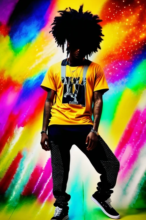 A background filled with scattered musical notes in various sizes and colors
A background completely filled with scattered musical notes in various sizes and colors, covering the entire screen.
jovem negro estilo de trap no studio e com cabelo curto com joias de ouro
beautiful girl colorful image
Dance hiphop Dance CREW Waacking Dance
Punking
girl
black medium hair black medium hair
Five fingers Baggy clothes Baggy clothes
