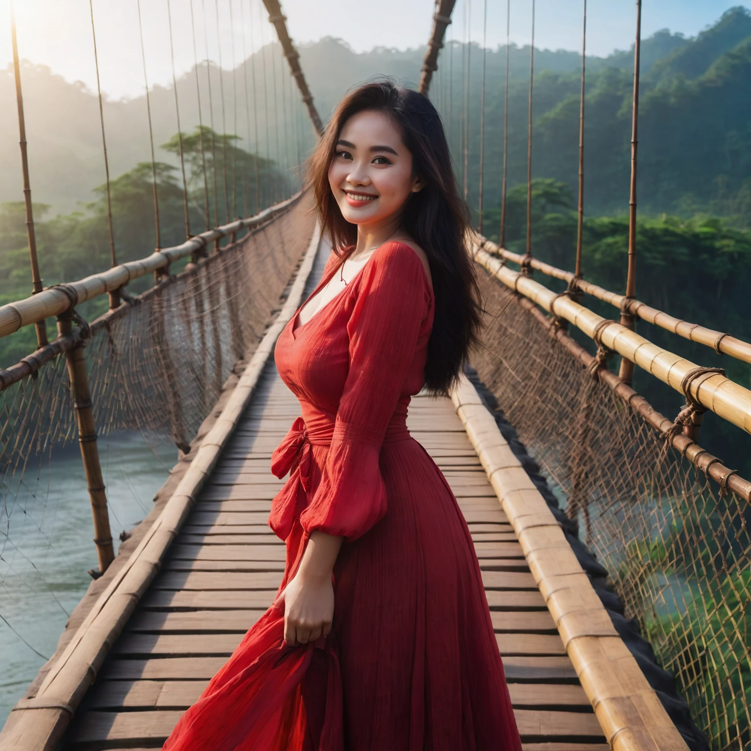 slightly fat Indonesian woman wearing a long red dress standing posing on a suspension bridge made of bamboo, she is happy, smiling, stylish dynamic pose, natural beauty, natural make up, beautiful natural scenery, enchanting blue sky, lens flare, Taken using Sony Alpha α7CR full-frame, photorealistic, UHD 1536px, high quality photo.