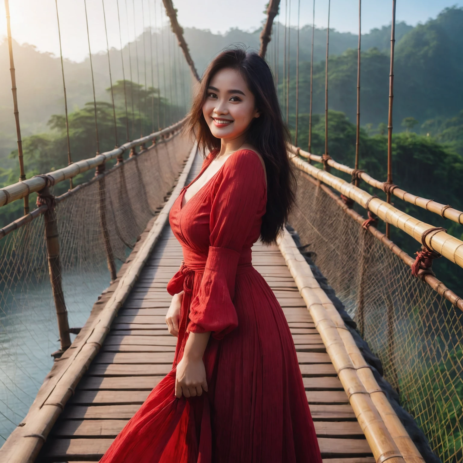 slightly fat Indonesian woman wearing a long red dress standing posing on a suspension bridge made of bamboo, she is happy, smiling, stylish dynamic pose, natural beauty, natural make up, beautiful natural scenery, enchanting blue sky, lens flare, Taken using Sony Alpha α7CR full-frame, photorealistic, UHD 1536px, high quality photo.