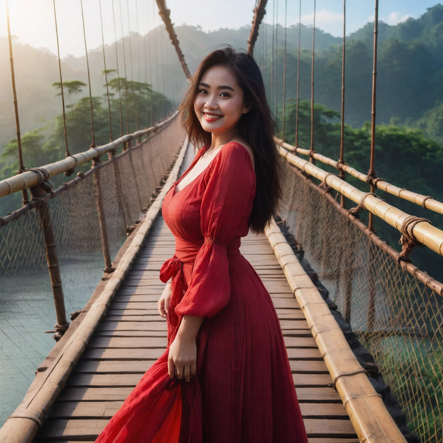 slightly fat Indonesian woman wearing a long red dress standing posing on a suspension bridge made of bamboo, she is happy, smiling, stylish dynamic pose, natural beauty, natural make up, beautiful natural scenery, enchanting blue sky, lens flare, Taken using Sony Alpha α7CR full-frame, photorealistic, UHD 1536px, high quality photo.