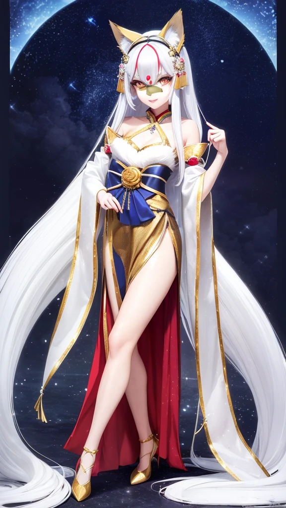 Kitsune girl,hime cut,silver eyes,gold darkblue japanese cloth, geisha dress theme sun&moon , traditional japanese , long white hair,silver fox ears, have kitsune tail, beautiful woman, silver eyes, elegant, young adult beautiful,night , starry night,sexy eyes,flirting,smile, erotic,nude, royal charm