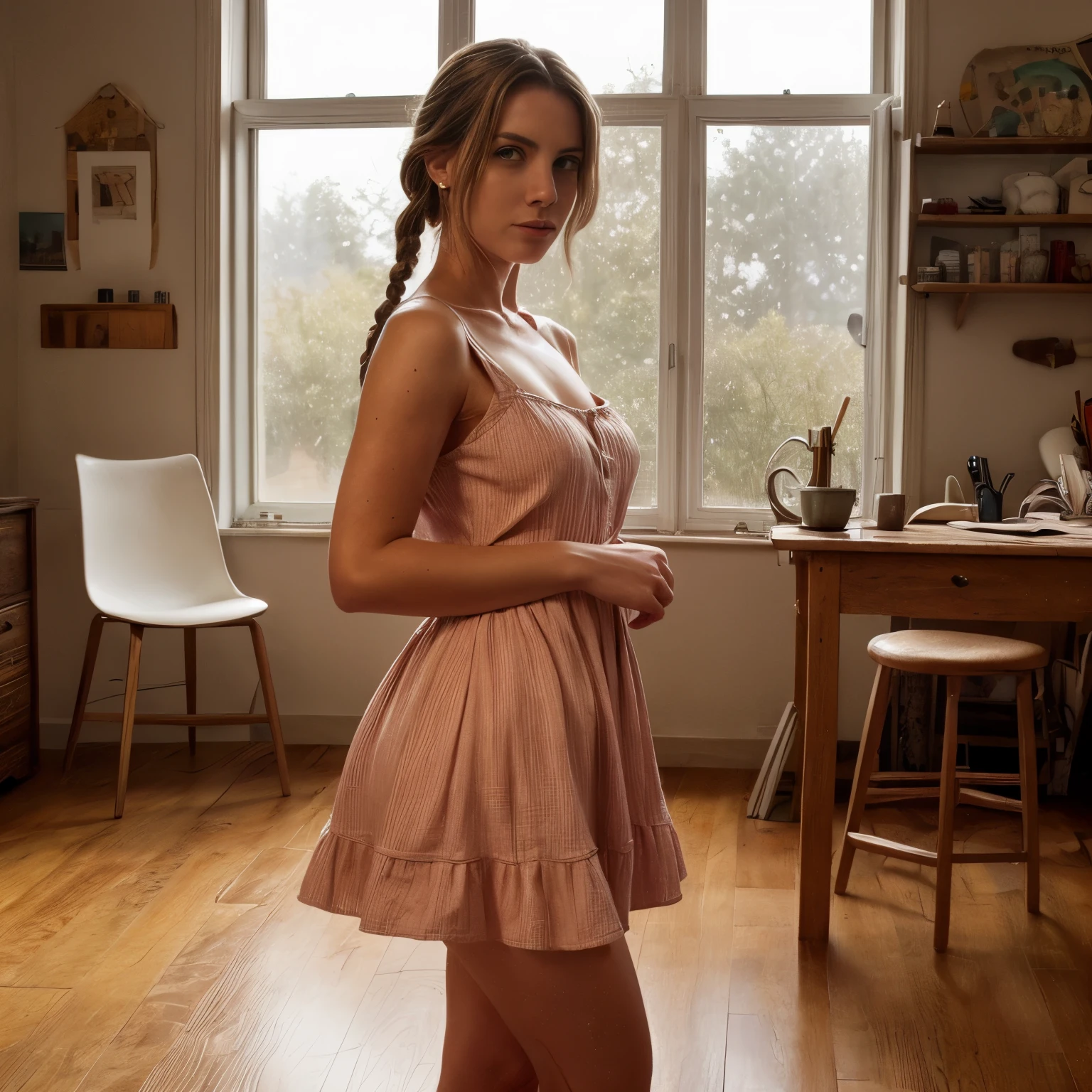 1woman LaGermania posing as the woman in the painting Christina’s World with the same dress/clothes/design in an atelier of the painter Andrew Wyeth in mid-20th-century Maine. LaGermania stands in a simple mid-20th-century American painter’s atelier, with wooden floors and large, rustic windows that allow natural light to flood the room. She wears a pink cotton dress with a modest neckline and a full skirt, crafted from lightweight, homespun fabric. Her hair is styled in a loose, simple braid. The background features the painting Christina’s World, showing a woman lying in a field, looking towards a distant farmhouse. The room is sparsely furnished with a wooden easel, a worktable cluttered with brushes, pigments, and sketches, and a few stools. LaGermania’s pose is contemplative and serene, her gaze directed towards the painter, capturing the haunting beauty and quiet determination of the original painting.
