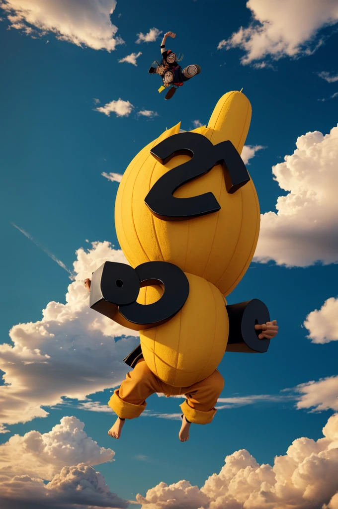 "Melvin" in black letters with naruto on par in 3d floating above clouds
