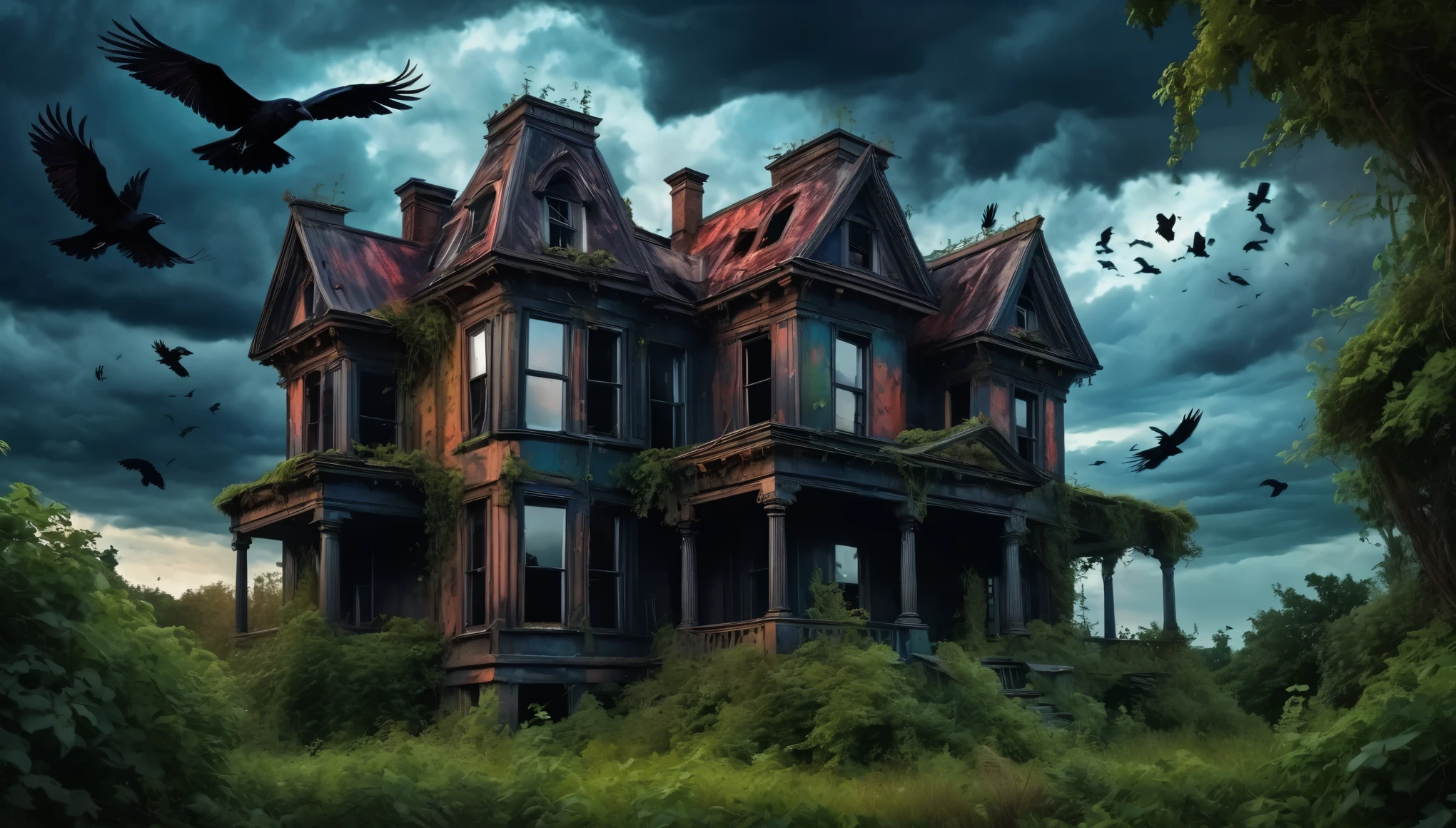 A dark, gothic abandoned house with overgrown vegetation, a stormy sky, and ravens flying around. Edgar Allen Poe style. Hyper realistic photo, vibrant colors, 16k