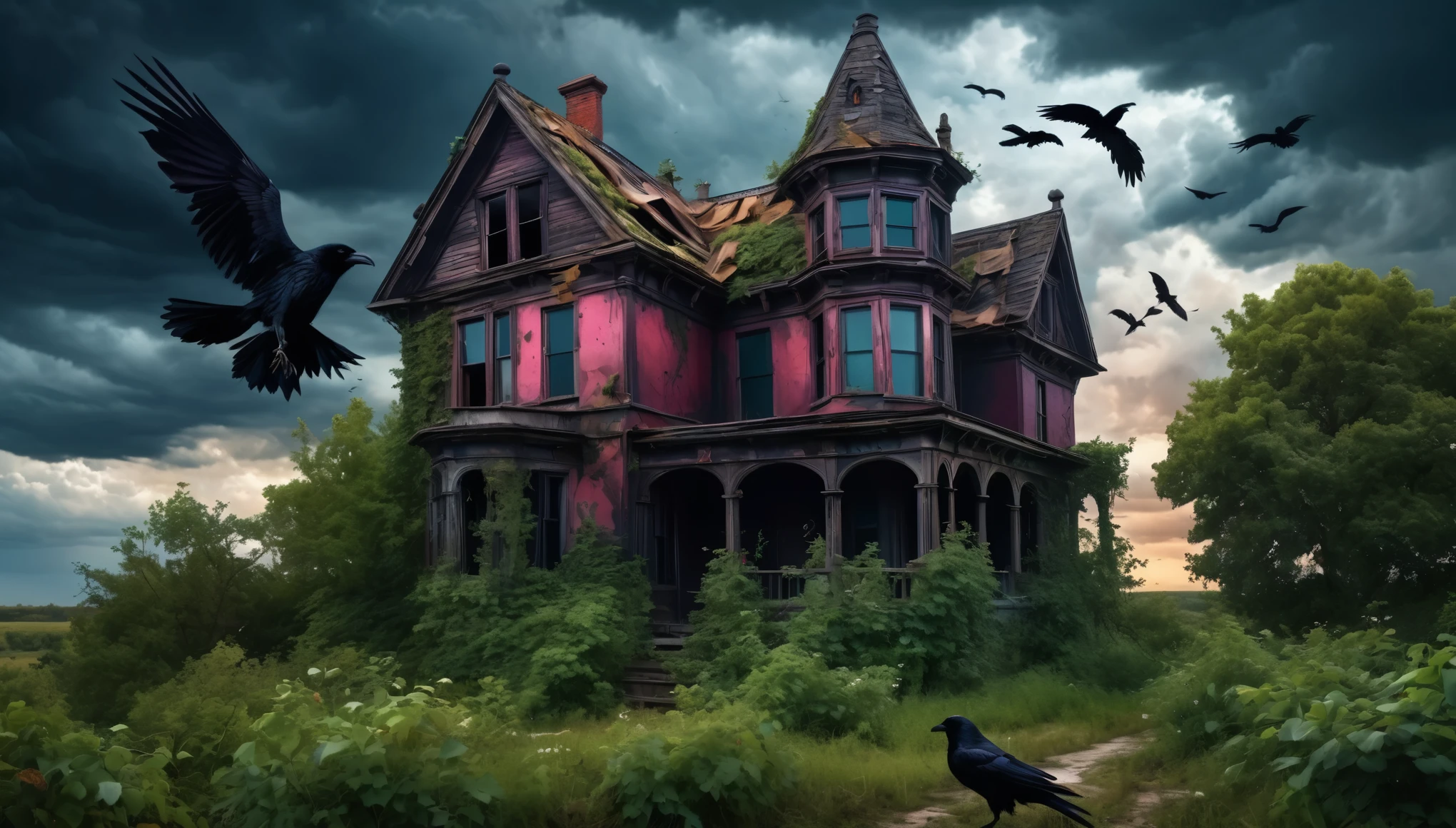 A dark, gothic abandoned house with overgrown vegetation, a stormy sky, and ravens flying around. Edgar Allen Poe style. Hyper realistic photo, vibrant colors, 16k