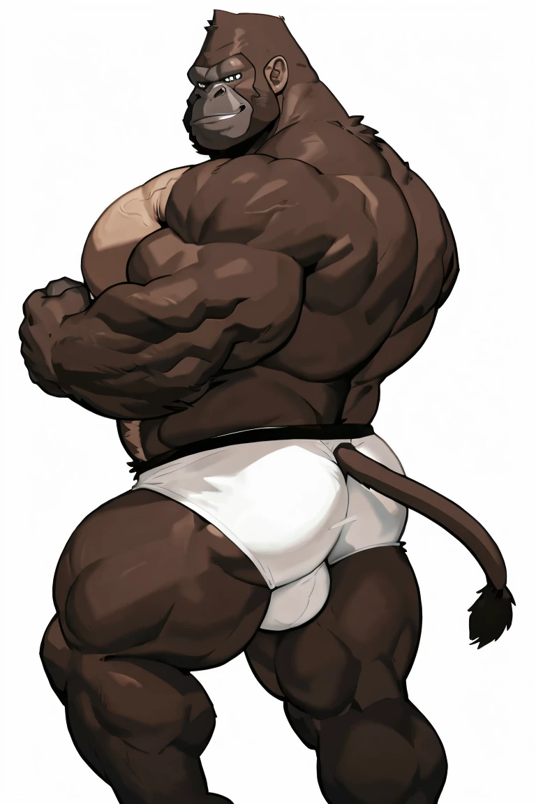 Gorilla man, exaggeratedly muscular, detailed eyes, prominent and dilated veins, alpha male, huge pecs (huge: 2.5), sensual expression, nicebulge, bare back, sexy pose, wearing white underwear, full body, (white background).