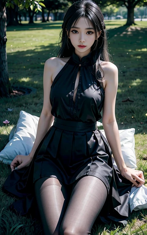 Reality, high resolution, Soft Light,1 Woman, Solitary, Hips up, 查look查look器, (Delicate face), Long hair, lying on the grass, 从下往上look, exhibit, look, secretary_, Black skirt, Pantyhose, Tattoo, Jewelry