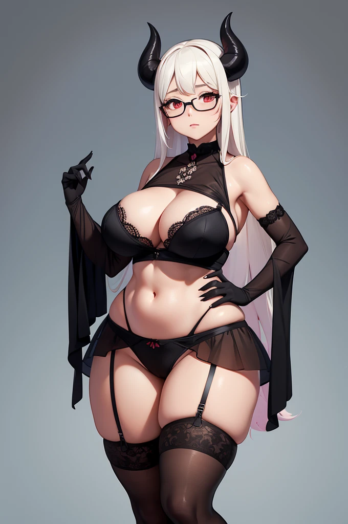 sucubbus de fully body em pé com langerie preta, stand, girl low stand, Broad Hips, thick-thighs, stand up pose, fully body, big tits,a close-up of a woman in lingerie posing in two different poses, concept art by senior character artist, art-station, conceptual artwork, thicc,  seductive anime,  , head red , largue hips, Long, thick black goat horns above his sccubus-like head, wearing beautiful transparent glasses