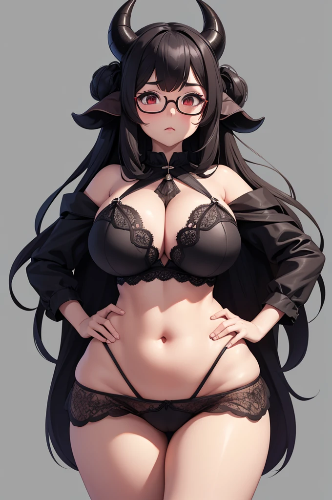 sucubbus de fully body em pé com langerie preta, stand, girl low stand, Broad Hips, thick-thighs, stand up pose, fully body, big tits,a close-up of a woman in lingerie posing in two different poses, concept art by senior character artist, art-station, conceptual artwork, thicc, seductive anime, , head red , largue hips, Long, thick black goat horns above his sccubus-like head, wearing beautiful transparent glasses