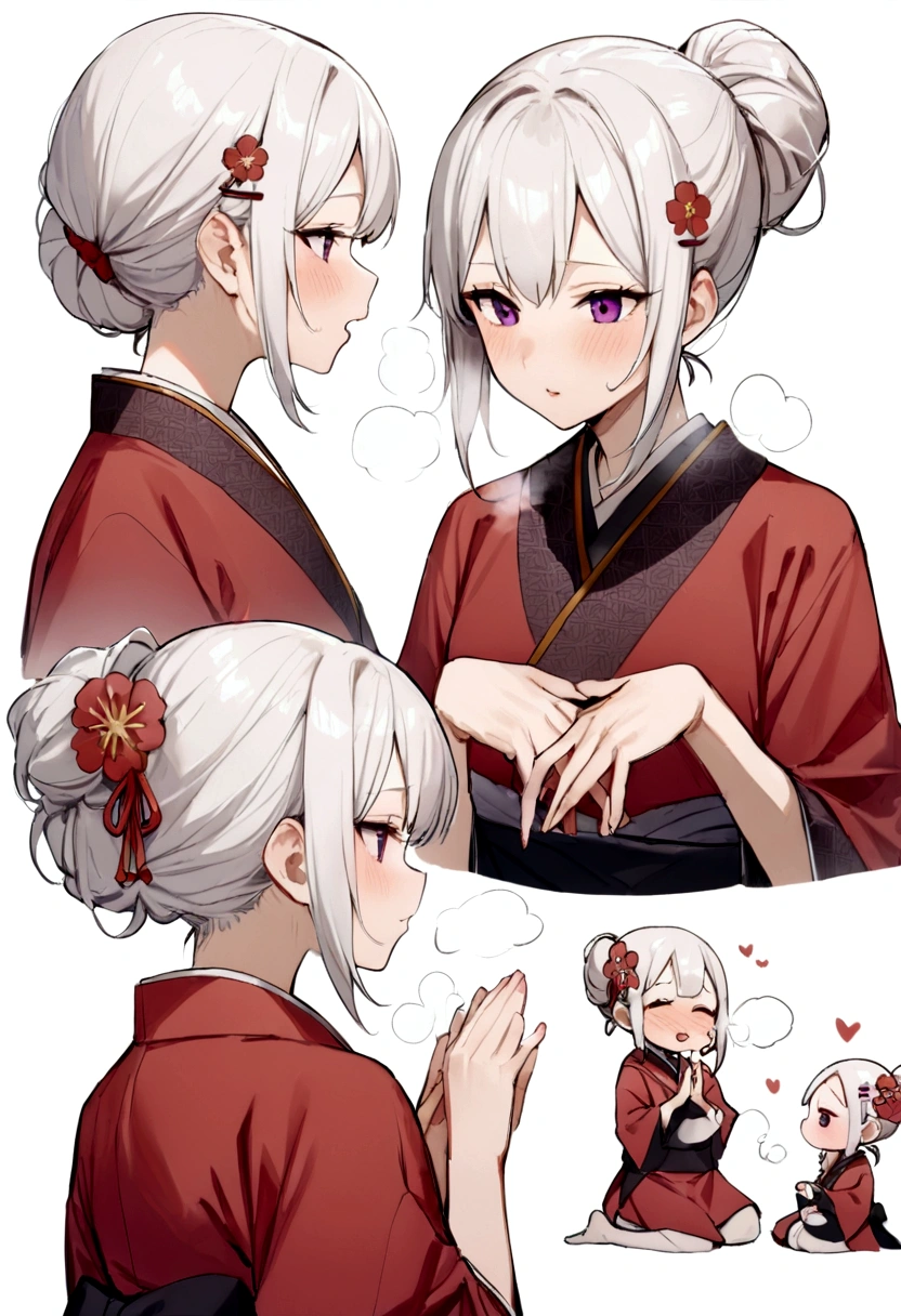 Beautifully tied hair、Hair clip、Hair tied up with hair accessories、(masterpiece, best quality:1.2), 1girl, 独奏,long hair、White Hair、Plum blossom、Plum family crest、Red kimono、白髪のlong hair、、Plum hair ornament、梅のHair clip、White Hair、long hair、Plum motif accessories、Plum pattern、White background、whole body、breath,breath、Hair Up、Spread-eagled pose、older sister