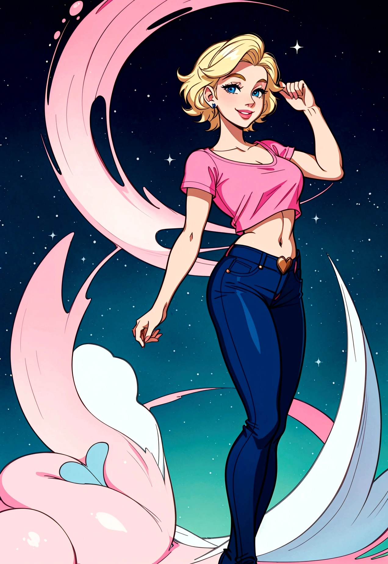 (disney style), (masterpiece, best quality:1.2), disney ariel, blonde short hair, blue eyes, pink top, black jeans, galoshes, smile, standing, front. white background. whole body. 6 abs
