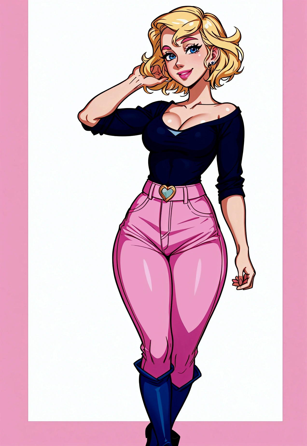 (disney style), (masterpiece, best quality:1.2), disney ariel, blonde short hair, blue eyes, pink top, black jeans, galoshes, smile, standing, front. white background. whole body. 6 abs