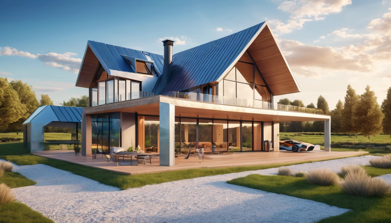 A futuristic version of the farmhouse with sleek, metallic architecture and advanced technology, contrasting with the natural setting. Hyper realistic photo, vibrant colors, 16k