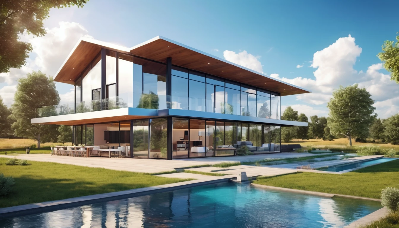 A futuristic version of the farmhouse with sleek, metallic architecture and advanced technology, contrasting with the natural setting. Hyper realistic photo, vibrant colors, 16k