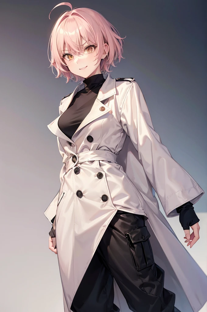 woman with short, fluffy light pink hair, tomboy cut, bright golden eyes, intimidating and serious look, smiling in a neutral way, wearing a black shirt, black joggers and a white, thin, flat doctor's coat (without bust) but caderona