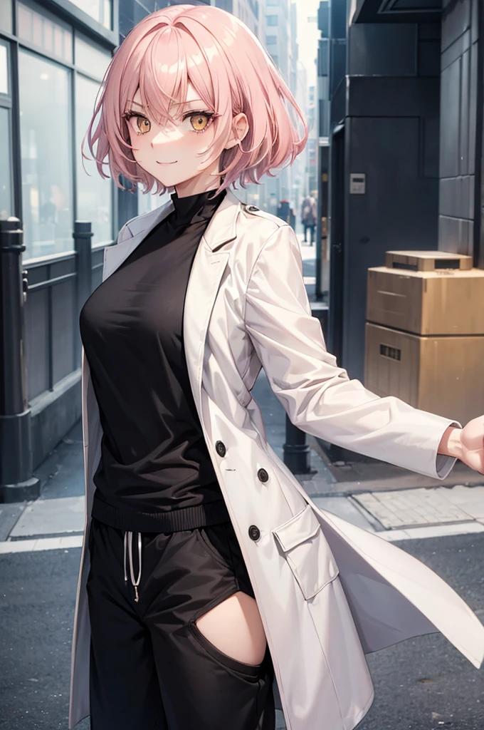 woman with short, fluffy light pink hair, tomboy cut, bright golden eyes, intimidating and serious look, smiling in a neutral way, wearing a black shirt, black joggers and a white, thin, flat doctor's coat (without bust) but caderona