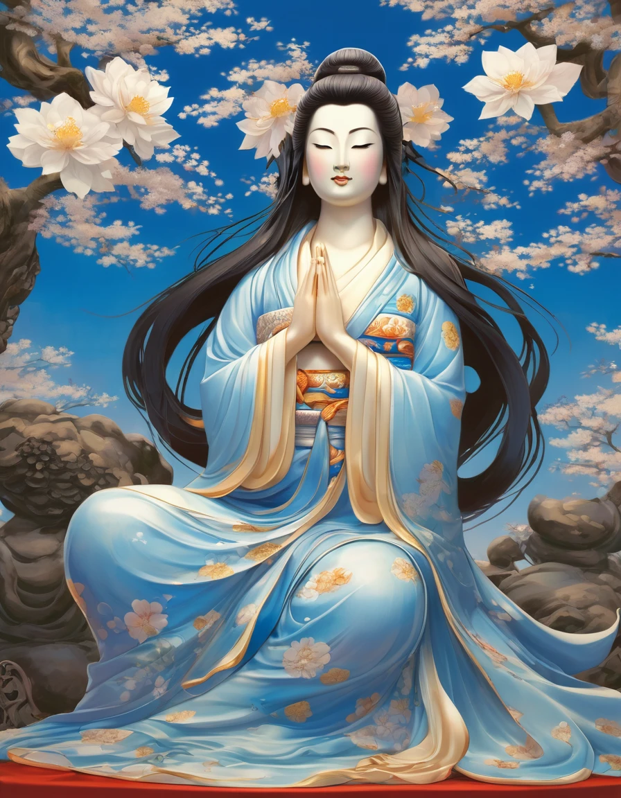 Kimono, celestial maiden, Buddha statue, deification, eyes closed, blue flowers in the background, semi-long hair, hands not shown, facing forward