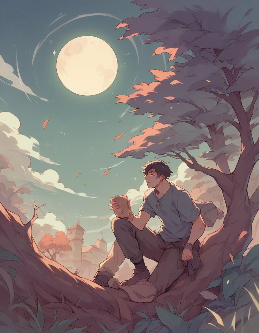A boy, a tree, the moon,