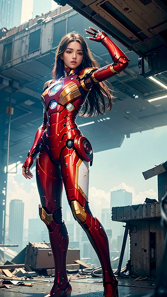 RAW, Masterpiece, Ultra Fine Photo,, Best Quality, Ultra High Resolution, Photorealistic, Sunlight, Full Body Portrait, Stunningly Beautiful,, Dynamic Poses, Delicate Face, Vibrant Eyes, (Side View) , she is wearing a futuristic Iron Man mech, red and gold color scheme, highly detailed abandoned warehouse background, detailed face, detailed and complex busy background, messy, gorgeous, milky white, high detailed skin, realistic skin details, visible pores , sharp focus, volumetric fog, 8k uhd, dslr camera, high quality, film grain, fair skin, photorealism, lomography, sprawling metropolis in futuristic dystopia, view from below, translucent