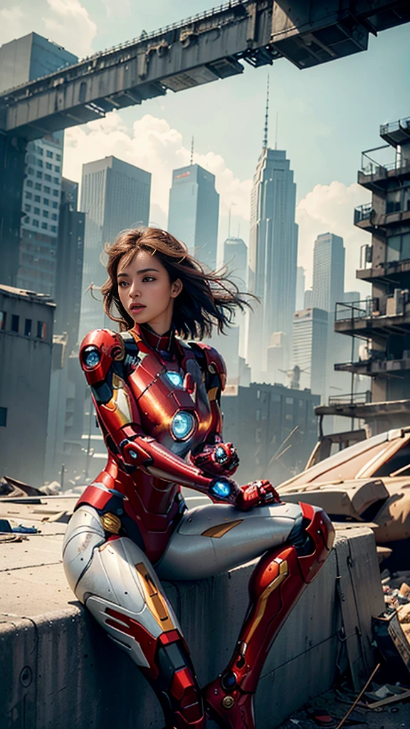 RAW, Masterpiece, Ultra Fine Photo,, Best Quality, Ultra High Resolution, Photorealistic, Sunlight, Full Body Portrait, Stunningly Beautiful,, Dynamic Poses, Delicate Face, Vibrant Eyes, (Side View) , she is wearing a futuristic Iron Man mech, red and gold color scheme, highly detailed abandoned warehouse background, detailed face, detailed and complex busy background, messy, gorgeous, milky white, high detailed skin, realistic skin details, visible pores , sharp focus, volumetric fog, 8k uhd, dslr camera, high quality, film grain, fair skin, photorealism, lomography, sprawling metropolis in futuristic dystopia, view from below, translucent