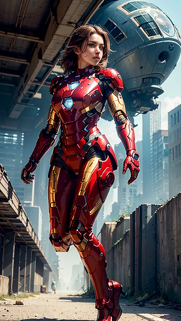 RAW, Masterpiece, Ultra Fine Photo,, Best Quality, Ultra High Resolution, Photorealistic, Sunlight, Full Body Portrait, Stunningly Beautiful,, Dynamic Poses, Delicate Face, Vibrant Eyes, (Side View) , she is wearing a futuristic Iron Man mech, red and gold color scheme, highly detailed abandoned warehouse background, detailed face, detailed and complex busy background, messy, gorgeous, milky white, high detailed skin, realistic skin details, visible pores , sharp focus, volumetric fog, 8k uhd, dslr camera, high quality, film grain, fair skin, photorealism, lomography, sprawling metropolis in futuristic dystopia, view from below, translucent