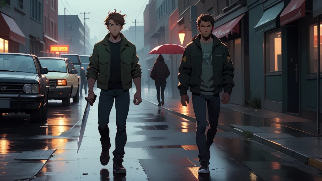 ((masterpiece)), ((high quality)), ((HD)), ((beautiful portrait)), ((front view)), ((full body)), guy walking on a zombie apocalypse street, rainy, butter color messy hair, wearing a dark green jacket, black jeans, brown eyes, walking badass, holding a knife.
